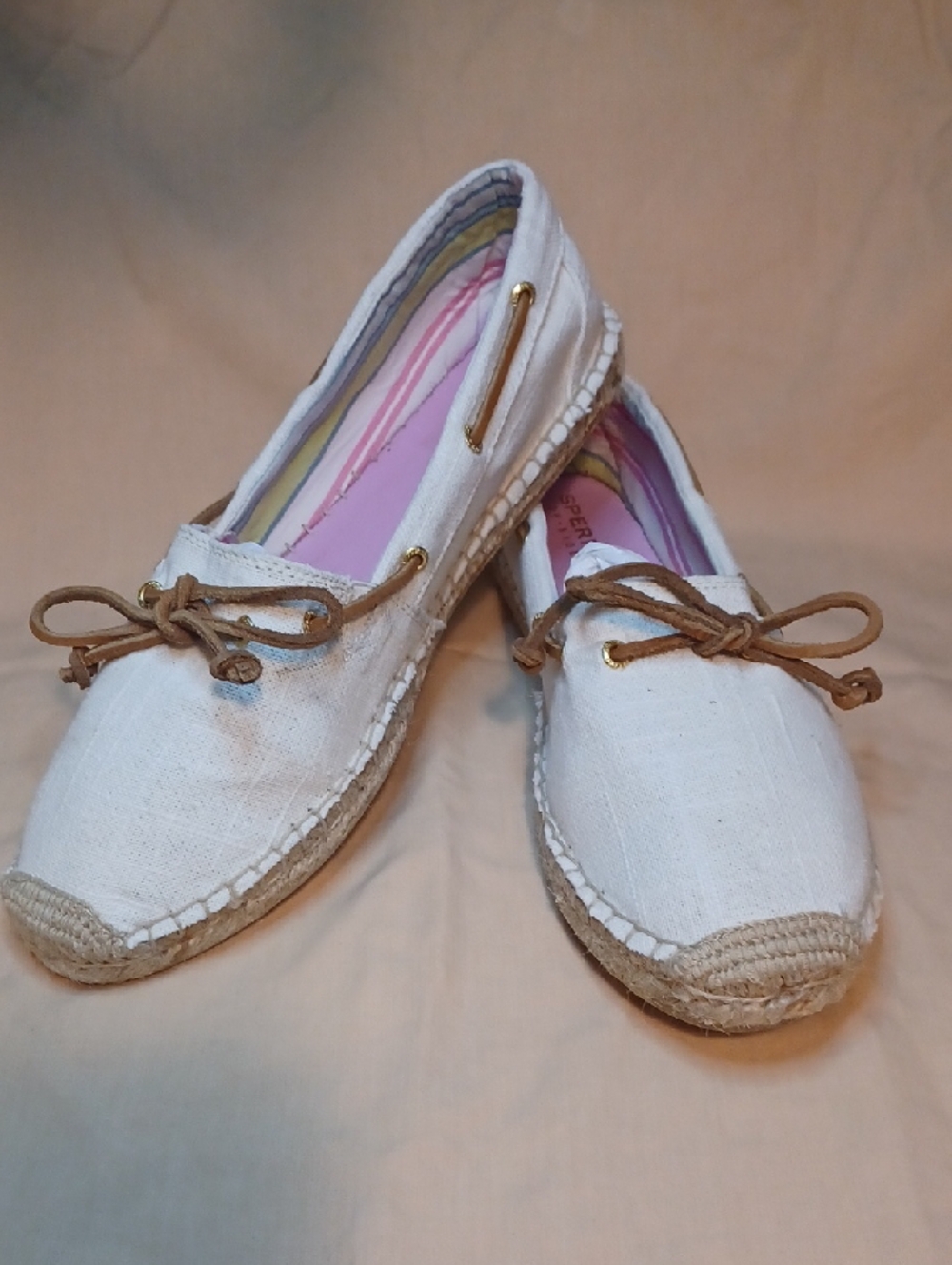 Sperry White Canvas Espadriulle Linen  Loafers with Tan Laces
